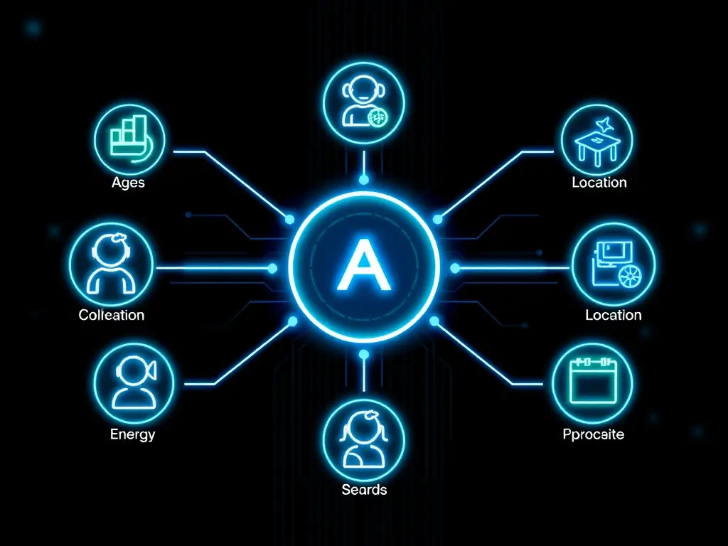 A visual representation of the AI algorithm behind Fun Button, showcasing the various factors it considers when generating play prompts, such as age, location, and energy level.