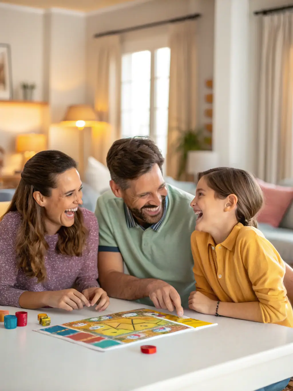 A family laughing together while playing a simple game suggested by the Fun Button app, showcasing the joy and connection it brings.