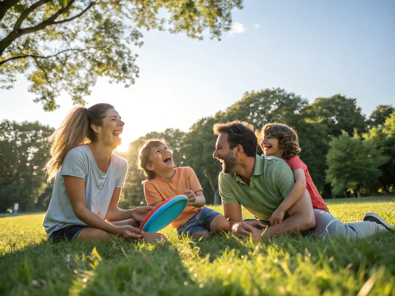 A family happily playing together outdoors, following a creative play prompt generated by the Fun Button app on a mobile device.
