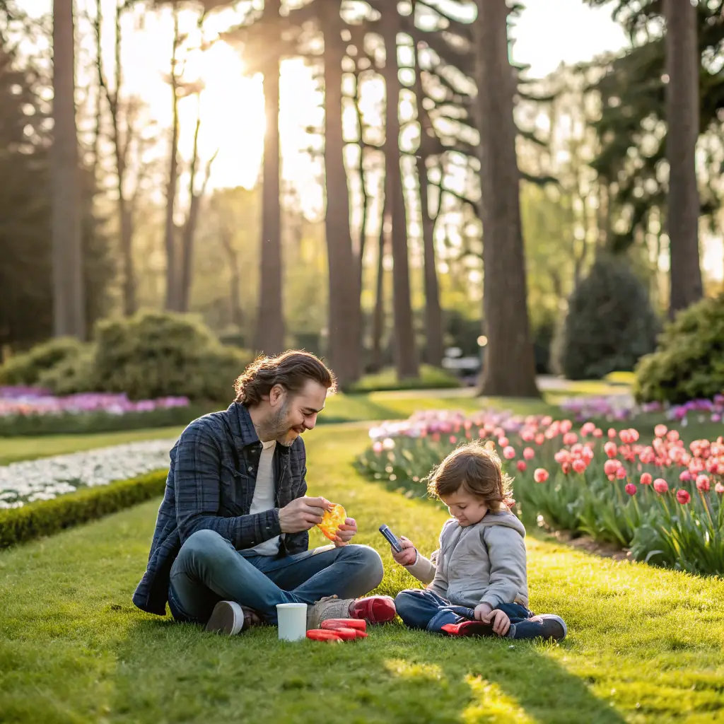 A parent and child building a fort in the backyard on a sunny afternoon.
