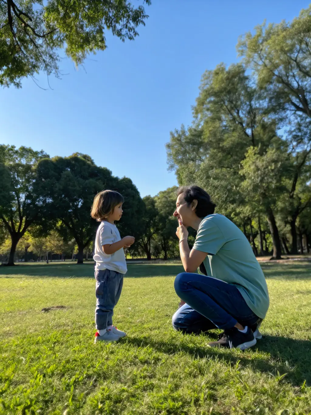 A parent happily playing with their child, both smiling, with a smartphone subtly visible in the parent's pocket, suggesting the Fun Button app initiated the playtime.