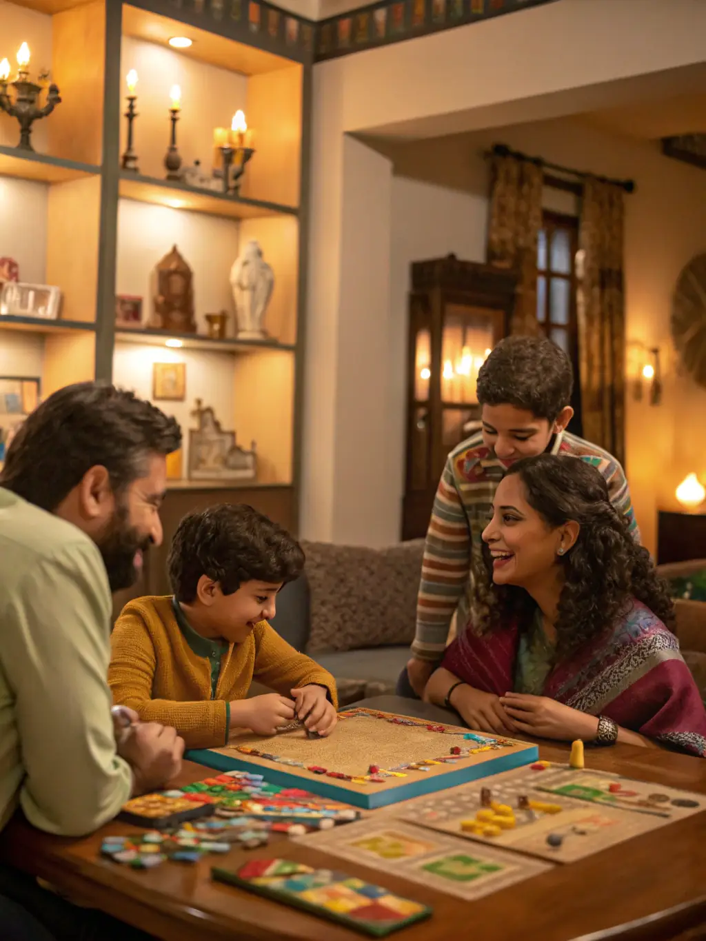 A happy family laughing together while playing a board game, showcasing the joy and connection fostered by using the Fun Button app.