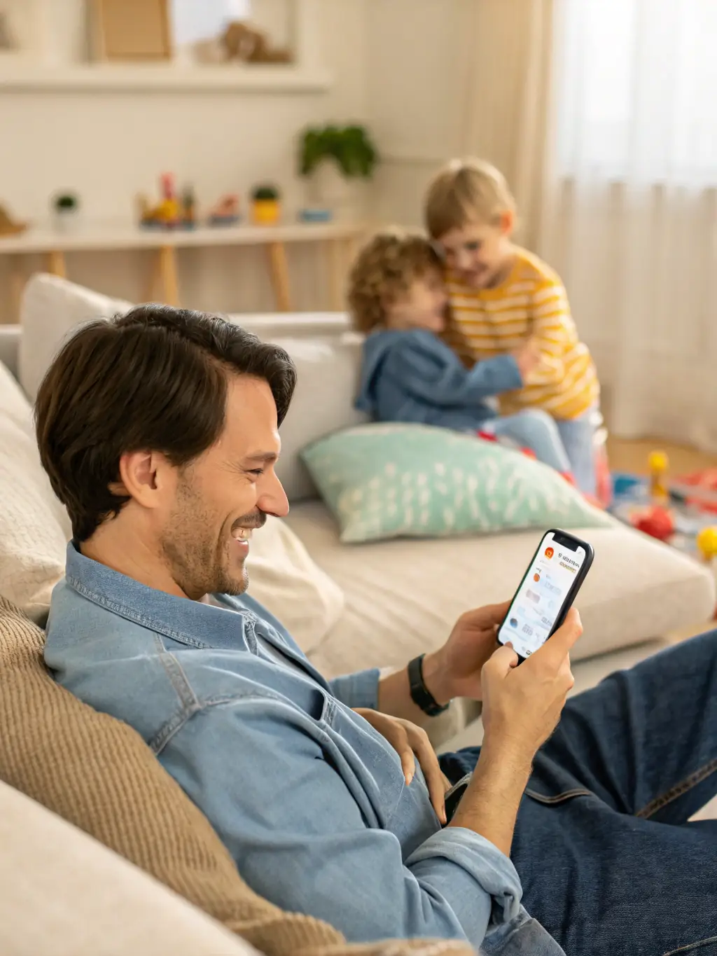 A stressed parent surrounded by toys and activity books, looking overwhelmed, contrasted with a calm parent holding a phone with the Fun Button app.