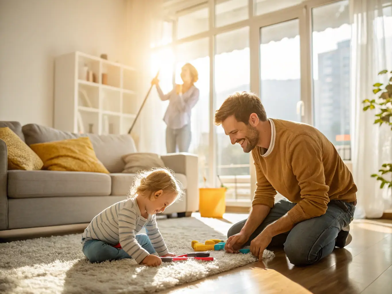 A parent smiling and laughing with their child while engaging in a simple, playful activity suggested by the Fun Button app, set in a cozy living room.