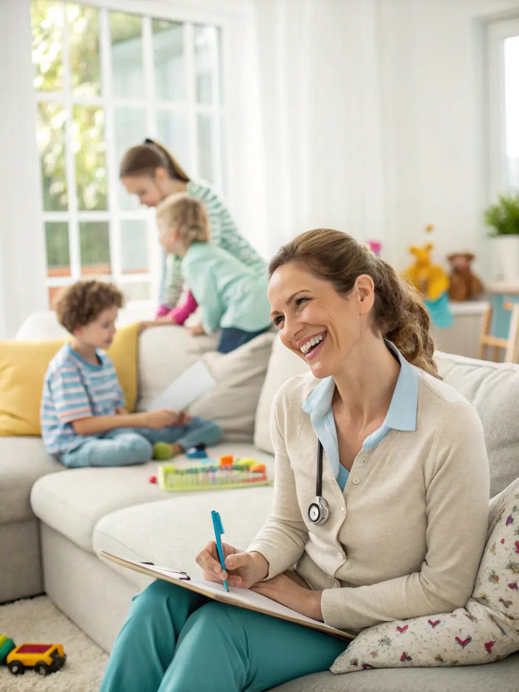 A tired parent sitting on the couch, looking drained, but still engaging with their child who is laughing and having fun.